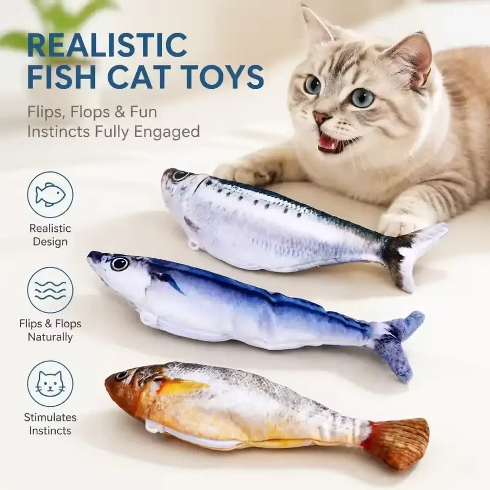 Smart electric interactive fish cat toy featuring three realistic plush fish in blue silver and orange with fun fish design
