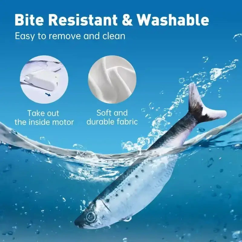 Smart electric interactive fish cat toy in white soft durable fabric with removable motor and fun fish design for electric interaction