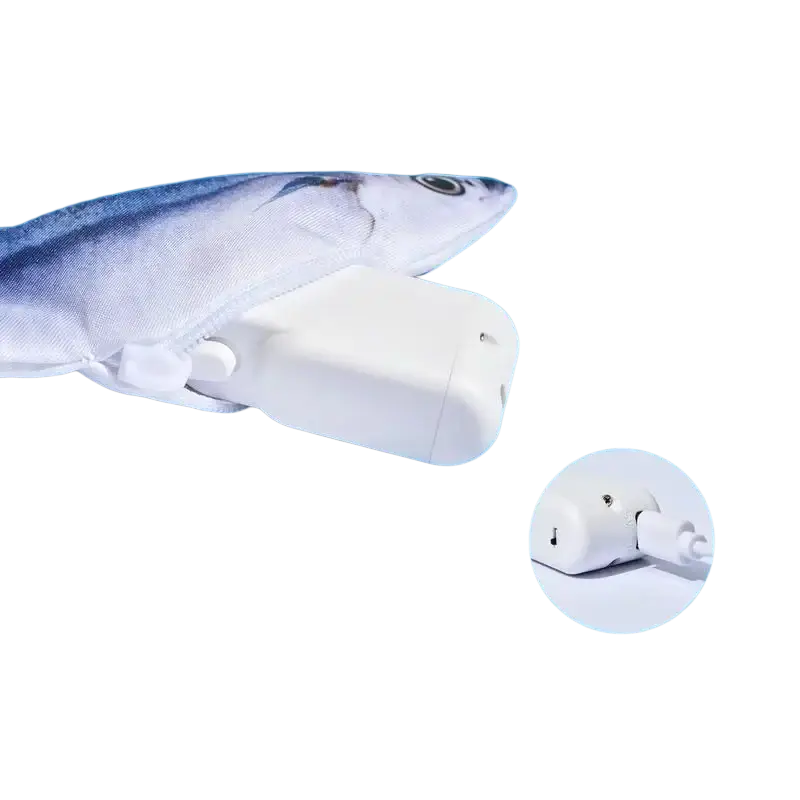 Smart electric interactive fish cat toy with white usb rechargeable device and plush blue silver scaled design