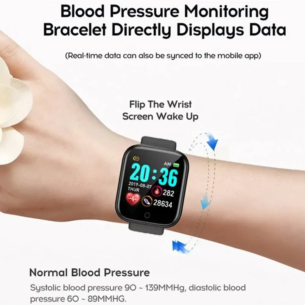 Black rectangular smart fitness watch with heart rate monitor displaying time and blood pressure readings on screen