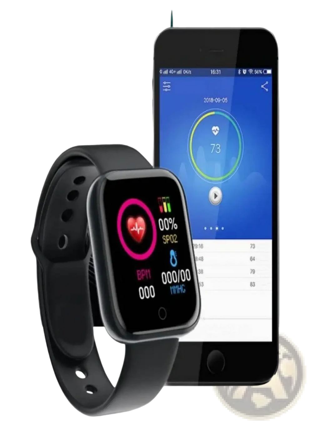 Black smart fitness watch with heart rate monitor rectangular screen and sleek black silicone band for health tracking