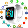 White smart fitness watch with heart rate monitor featuring rectangular screen with colorful fitness metrics and silver bezel