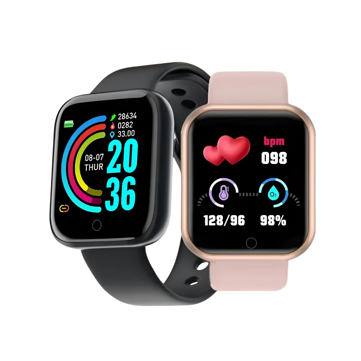 Two smart fitness watches with heart rate monitor in black and rose gold frames showing steps and oxygen levels