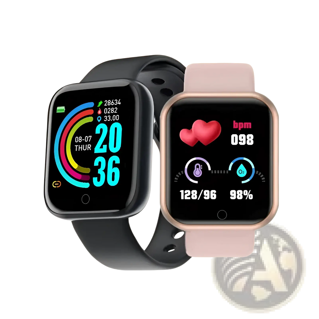 Two smart fitness watches with heart rate monitor in black and rose gold frames showing steps and oxygen levels