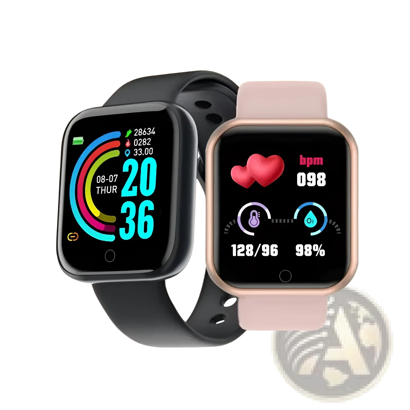 Two smart fitness watches with heart rate monitor in black and rose gold frames showing steps and oxygen levels