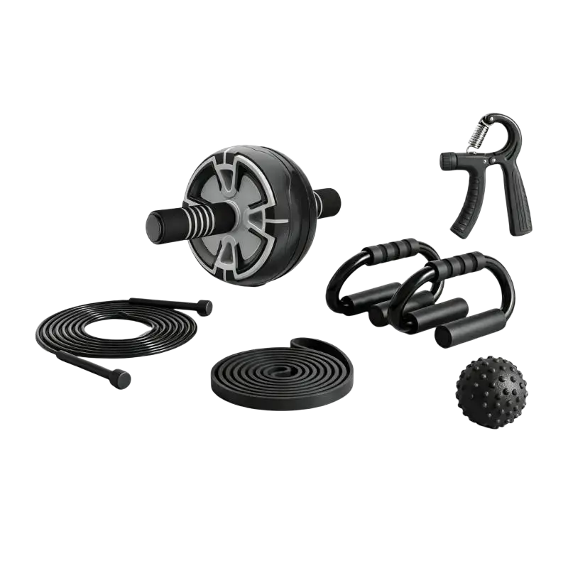 Black and gray ab roller with textured grip surface for core workouts in smart hand grip strengthener with real time tracking