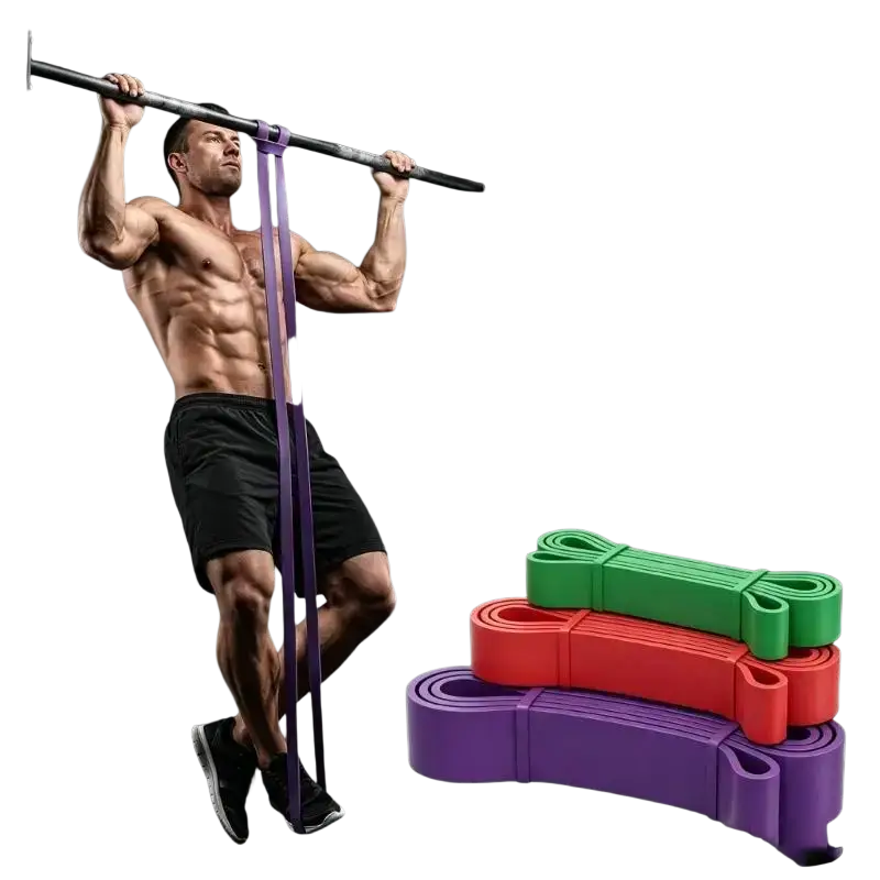 Purple textured resistance band designed for pull-up exercises integrated with smart hand grip strengthener real time tracking