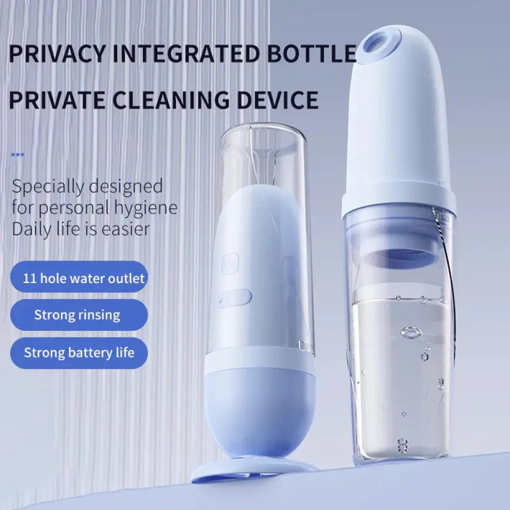 White and transparent plastic smart rechargeable portable bidet with privacy integrated bottle and three pressure modes