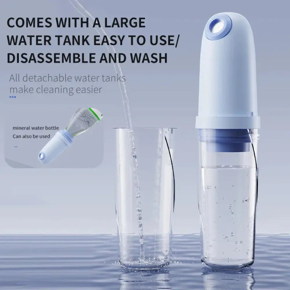 White and blue smart rechargeable portable bidet with three pressure modes and detachable water filtration tank
