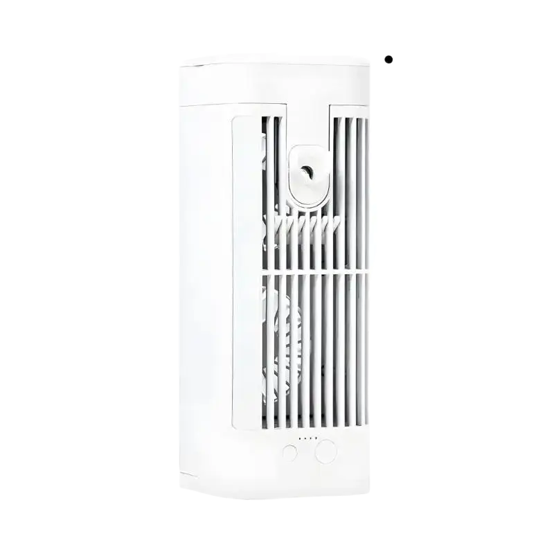 White cylindrical smart home tower fan with vertical slatted grille and usb c charging connection at the base