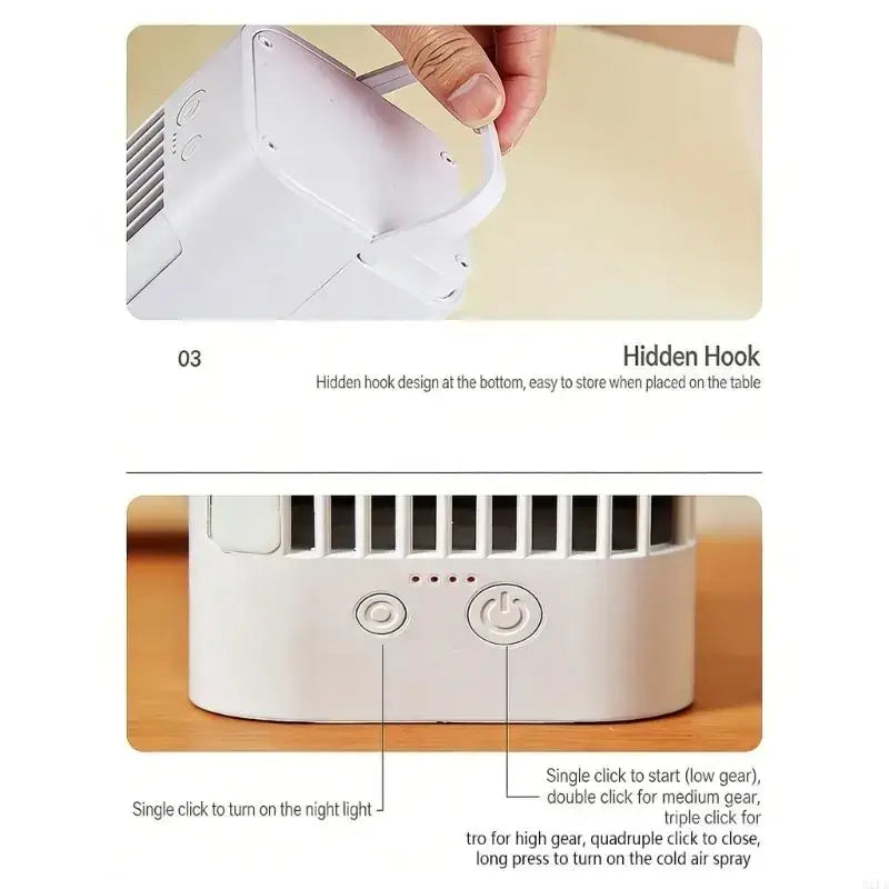Smart home white plastic desk fan with usb c charging connection hidden hook and control buttons for portable use