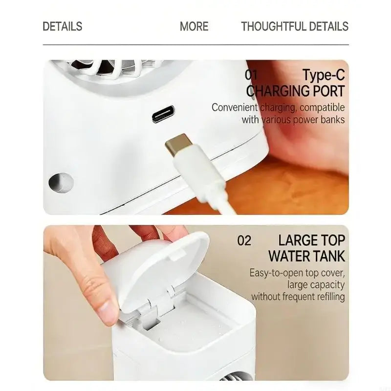 White plastic smart home portable humidifier with type-c charging connection and large top water tank