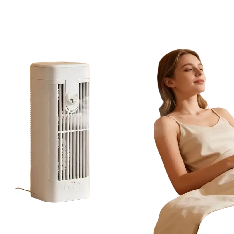 White rectangular smart home portable humidifier with vertical slats and usb c charging connection on front panel