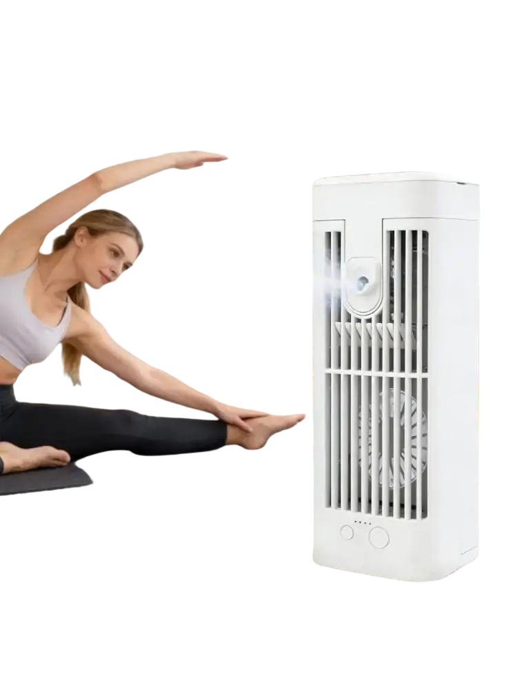White rectangular tower-style smart home humidifier with vertical slatted vents and usb c charging connection