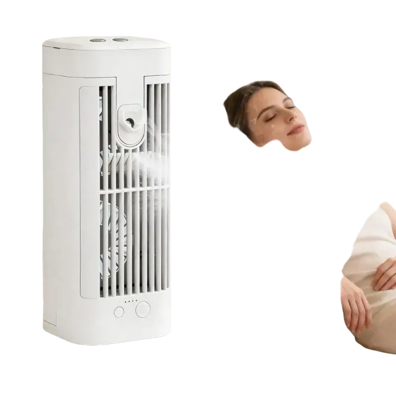 White tower-style smart home humidifier with vertical slatted grille and usb c charging connection control dial
