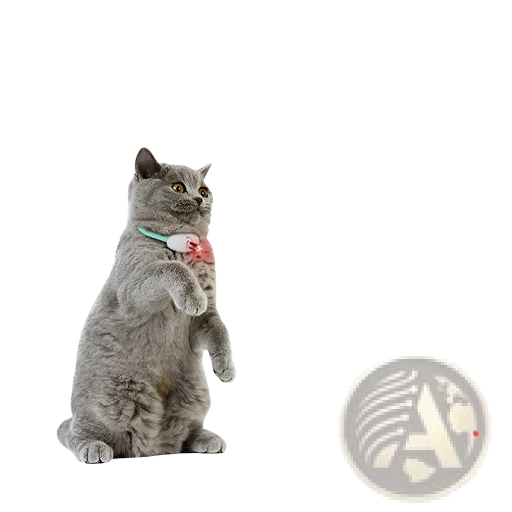 Gray cat wearing a smart laser cat collar with a light blue usb interactive laser training toy device