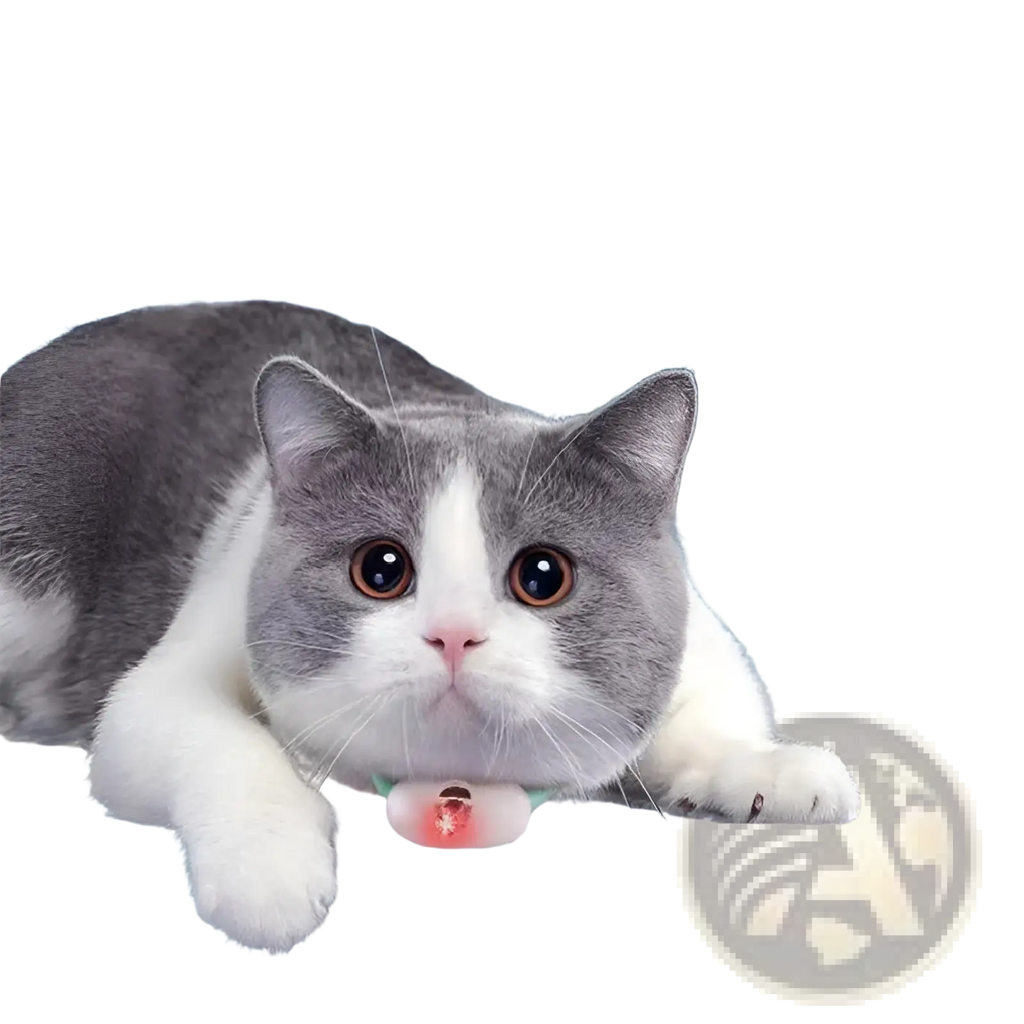 A gray and white British Shorthair cat wearing a smart laser cat collar with a glowing pink LED charm