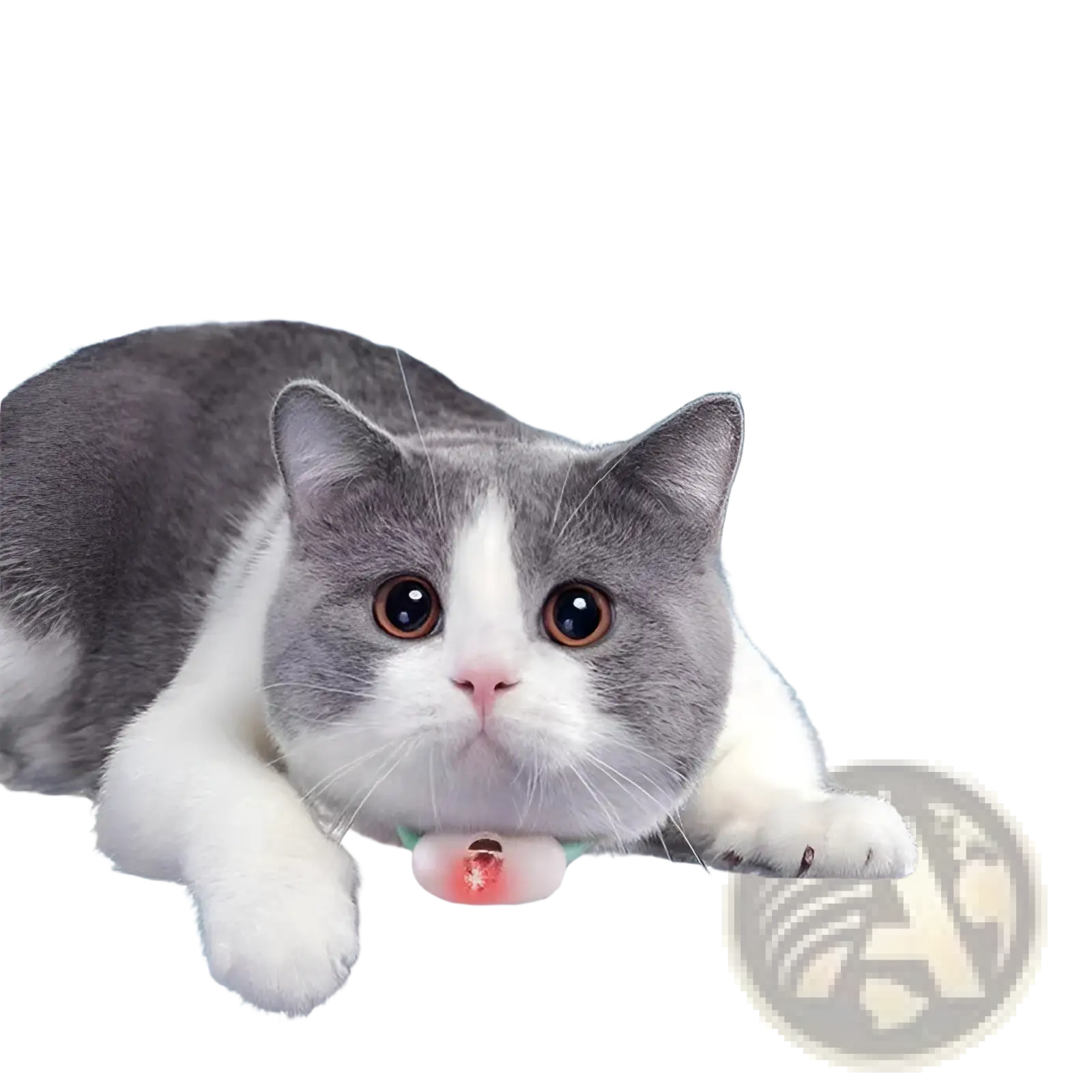 A gray and white British Shorthair cat wearing a smart laser cat collar with a glowing pink LED charm