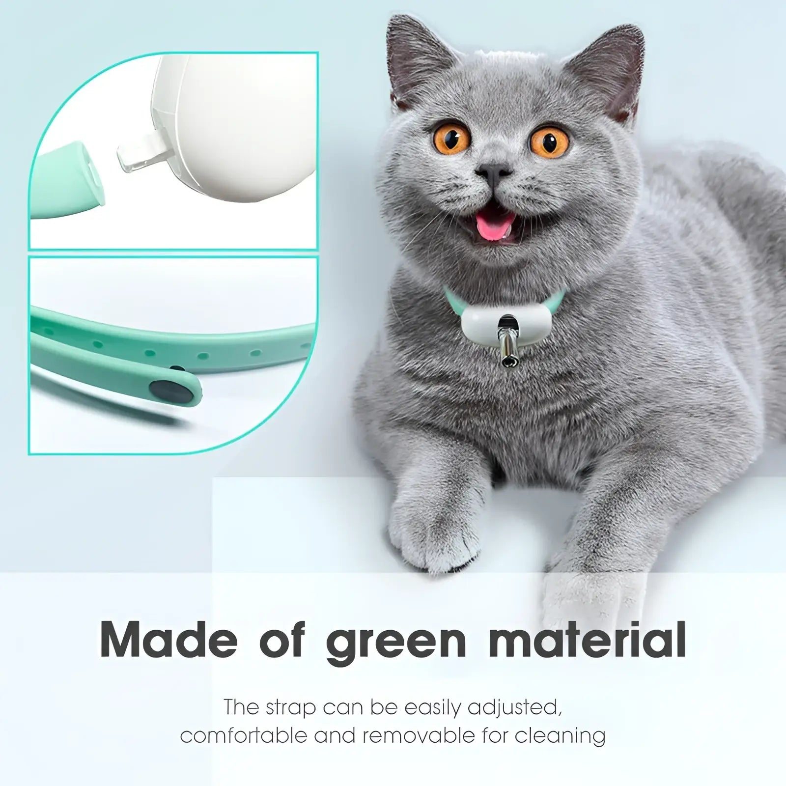 Mint green silicone smart laser cat collar with white plastic buckle and metal bell for interactive usb training toy