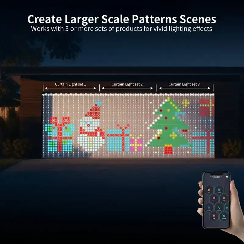 Smart led curtain light rgb app controlled with festive multi-colored santa gifts trees design rohs ce emc certified