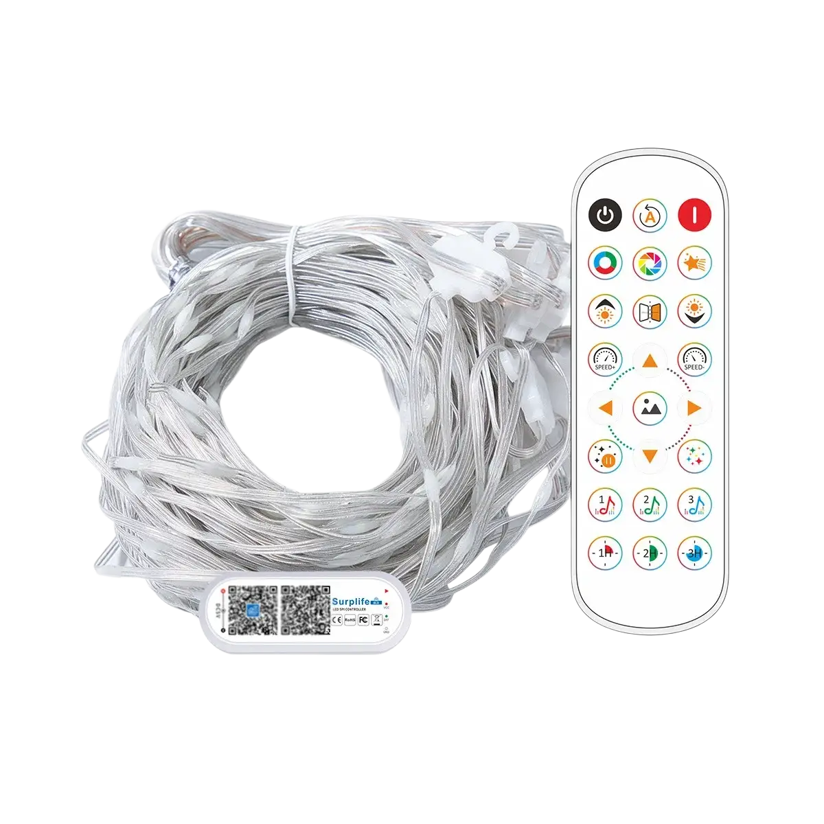 Silver smart led curtain light rgb string lights with remote and white controller unit rohs ce emc certified