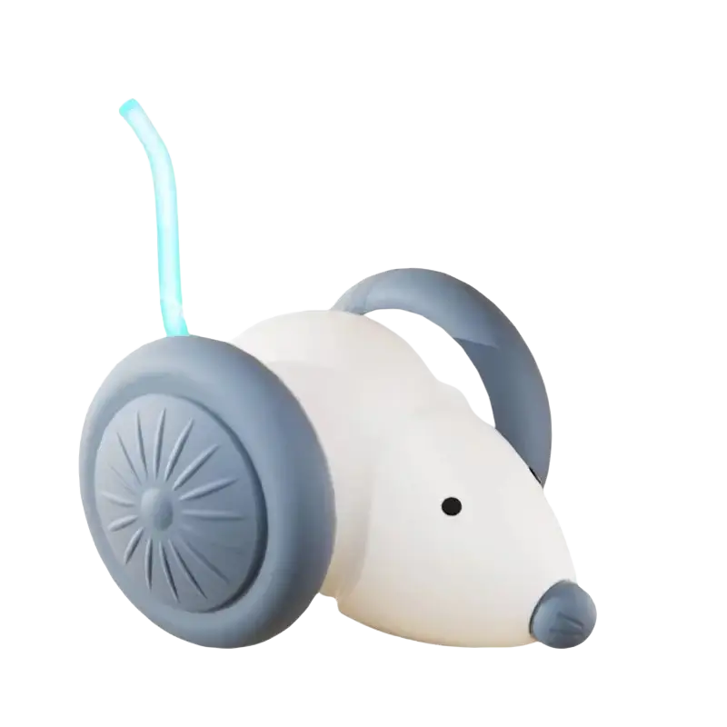 Smart mouse interactive cat toy in white and gray plastic with blue glowing tail and obstacle avoidance feature