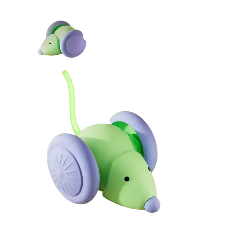 Green and purple smart mouse automatic cat teaser toy with wheels featuring obstacle avoidance for interactive play