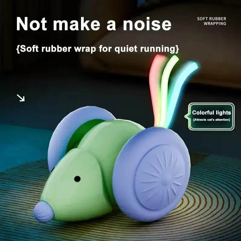 A soft green and purple rubber smart mouse cat toy with colorful led tail lights and obstacle avoidance feature