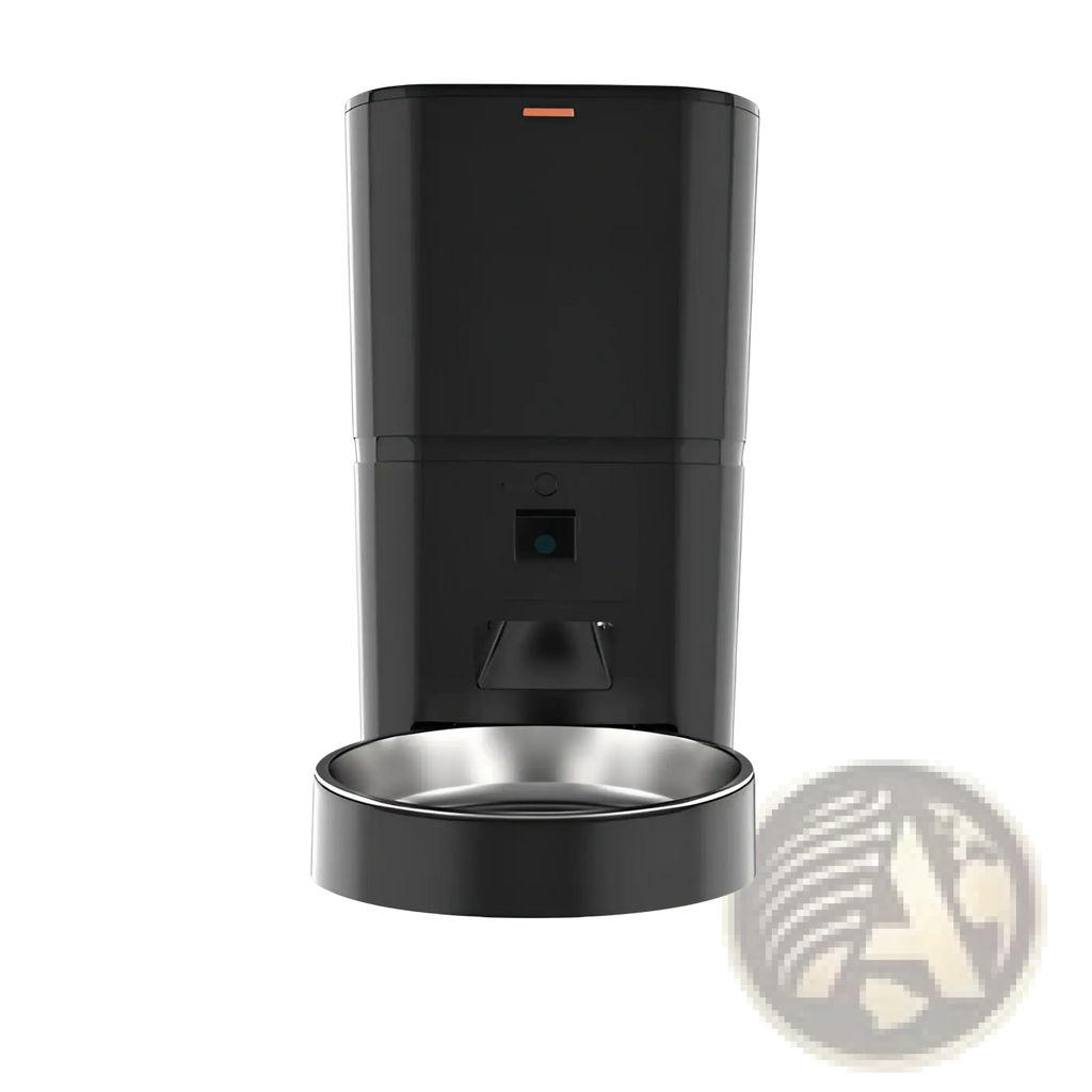 Black smart pet feeder with camera and stainless steel bowl for video monitoring and automatic feeding