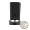 Black smart pet feeder with camera and stainless steel bowl for video monitoring and automatic feeding