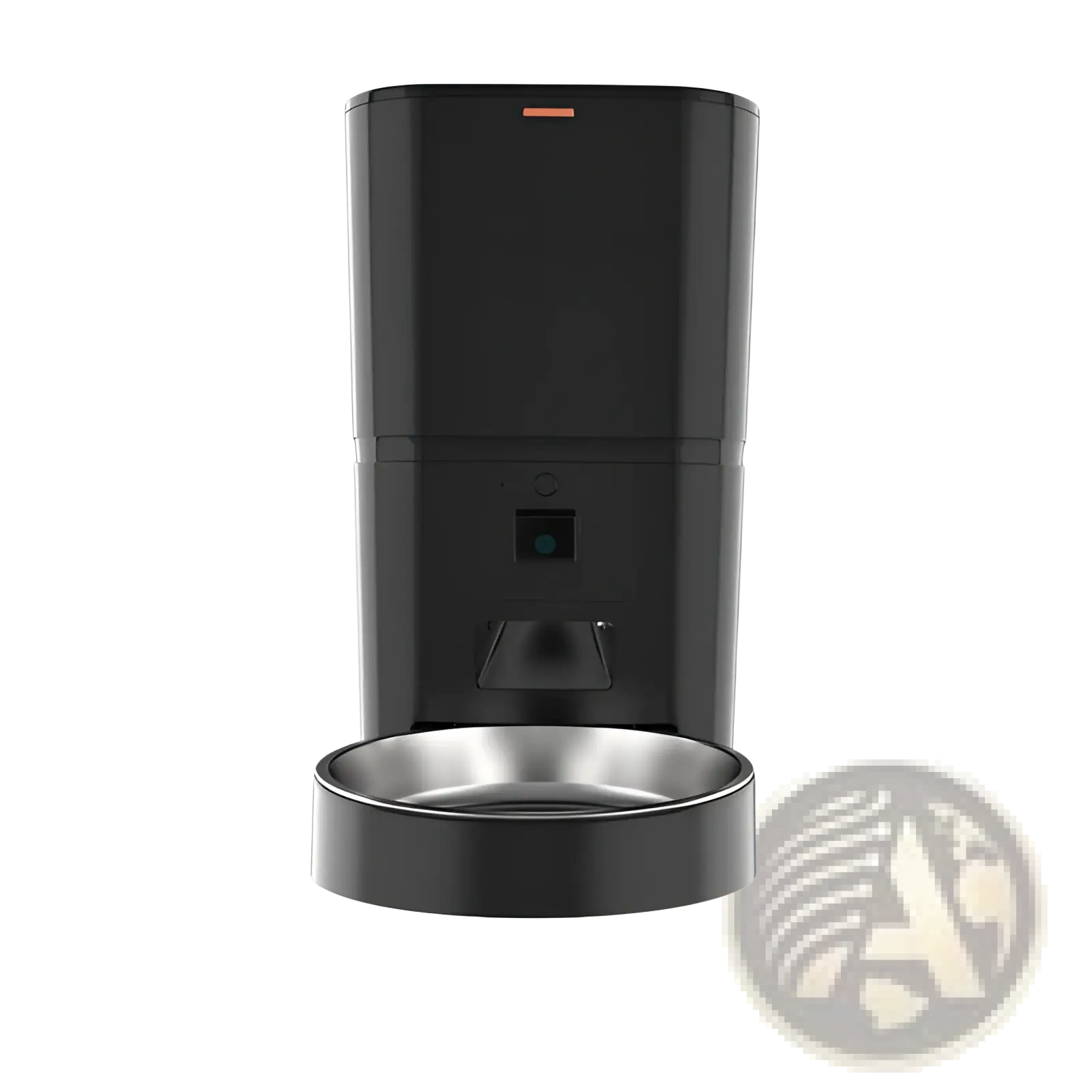 Black smart pet feeder with camera and stainless steel bowl for video monitoring and automatic feeding