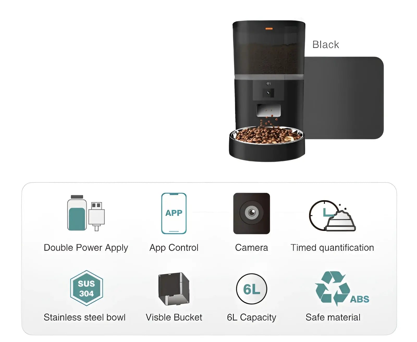 Black smart pet feeder with camera, 6l capacity, automatic dispensing, and stainless steel bowl for monitoring pets