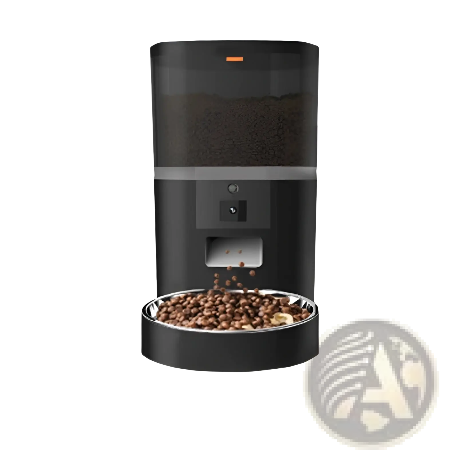 Black smart pet feeder with camera and transparent top compartment filled with brown kibble for video monitoring
