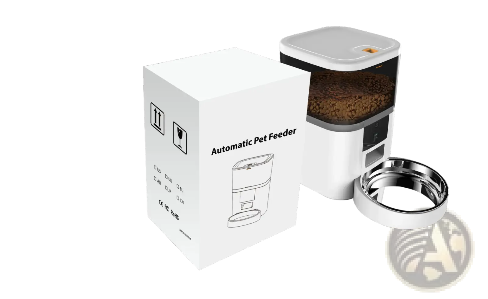 Smart pet feeder with camera and video monitoring in white featuring transparent food compartment and silver bowl