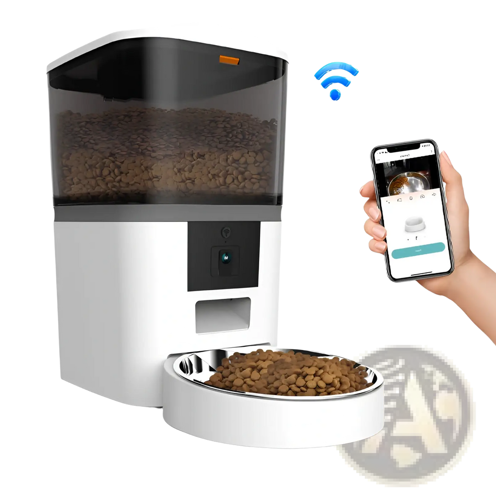 White and black smart pet feeder with transparent kibble compartment and front camera for video monitoring