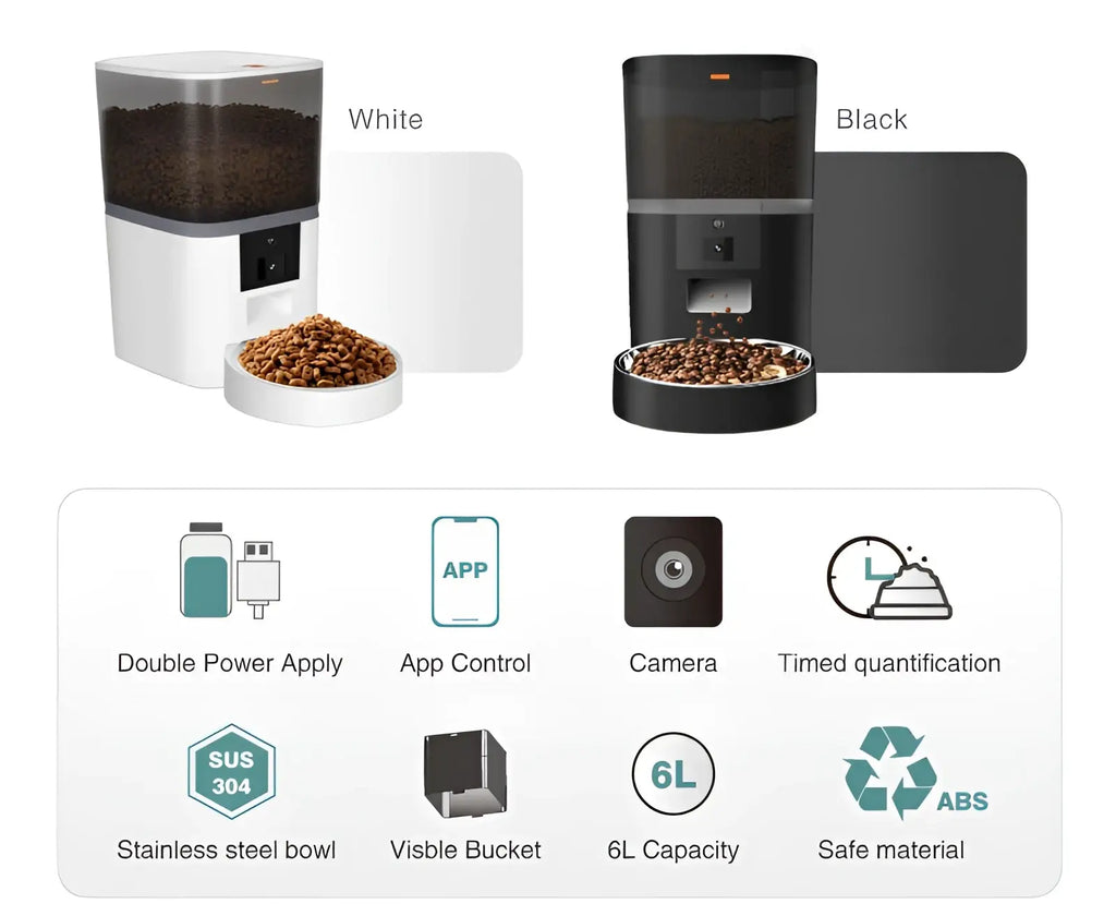 Smart pet feeder with camera and video monitoring in white and black with stainless steel bowls and 6l capacity