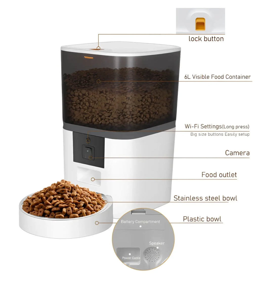 White and black smart pet feeder with camera 6l transparent container stainless steel bowl wifi lock speaker and battery compartment