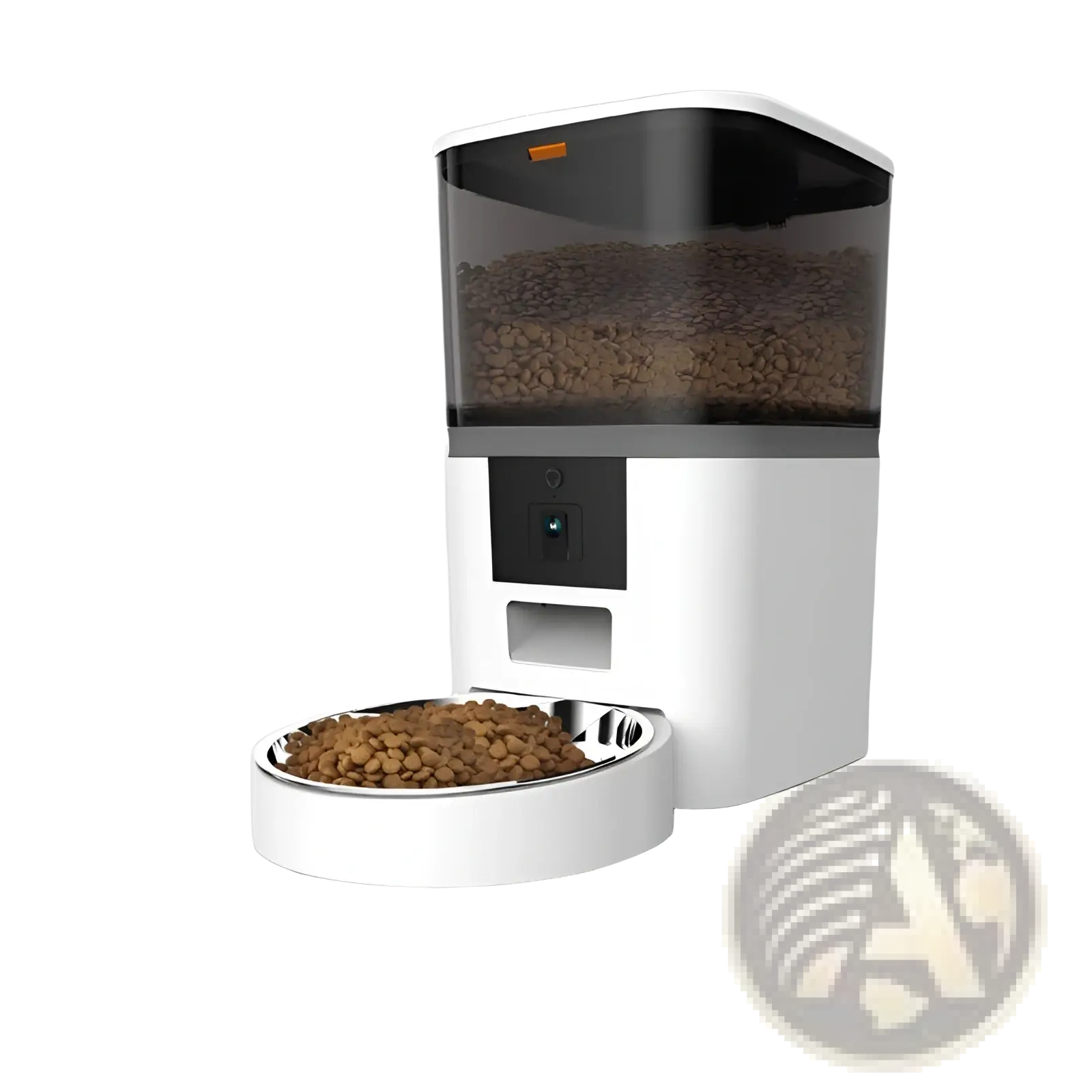 Smart pet feeder with camera and video monitoring in white and black with transparent food reservoir and stainless steel bowl