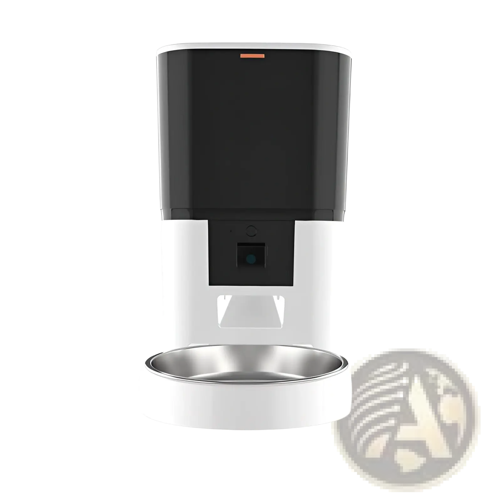 Smart pet feeder with camera and video monitoring in black and white with stainless steel bowl for automated feeding