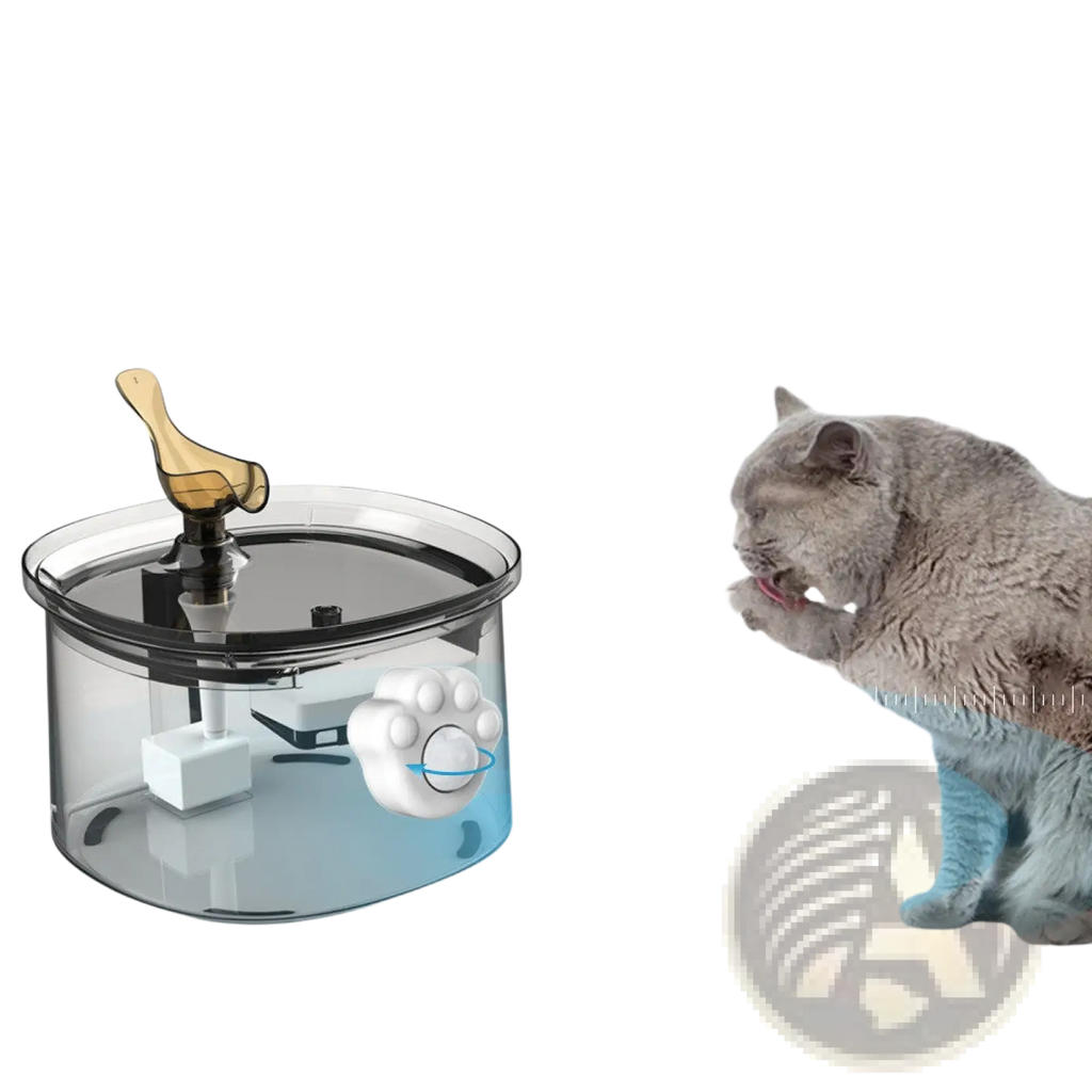 Transparent cylindrical smart pet water dispenser with infrared sensor, golden duck spout, and white paw-print control knob
