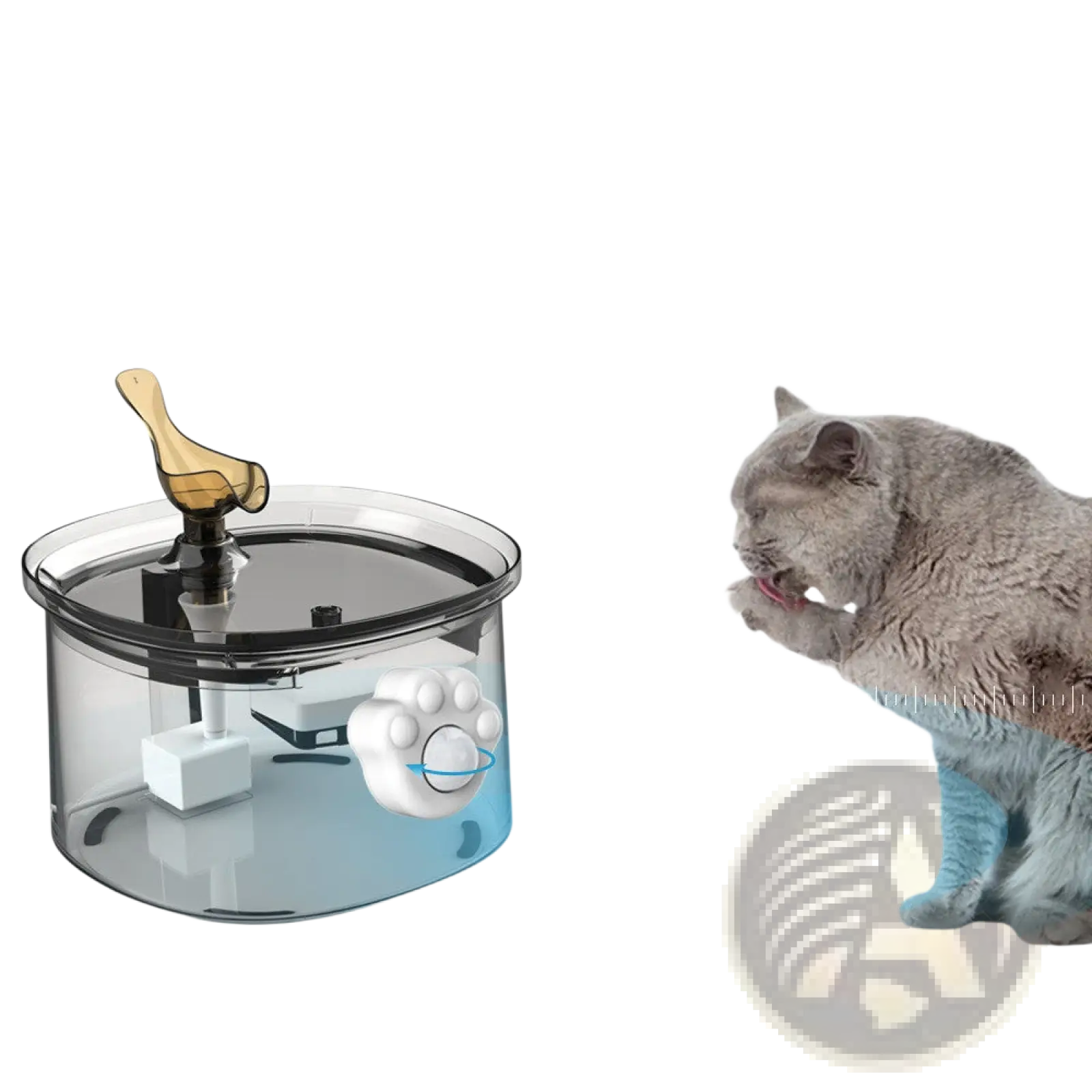 Transparent cylindrical smart pet water dispenser with infrared sensor, golden duck spout, and white paw-print control knob