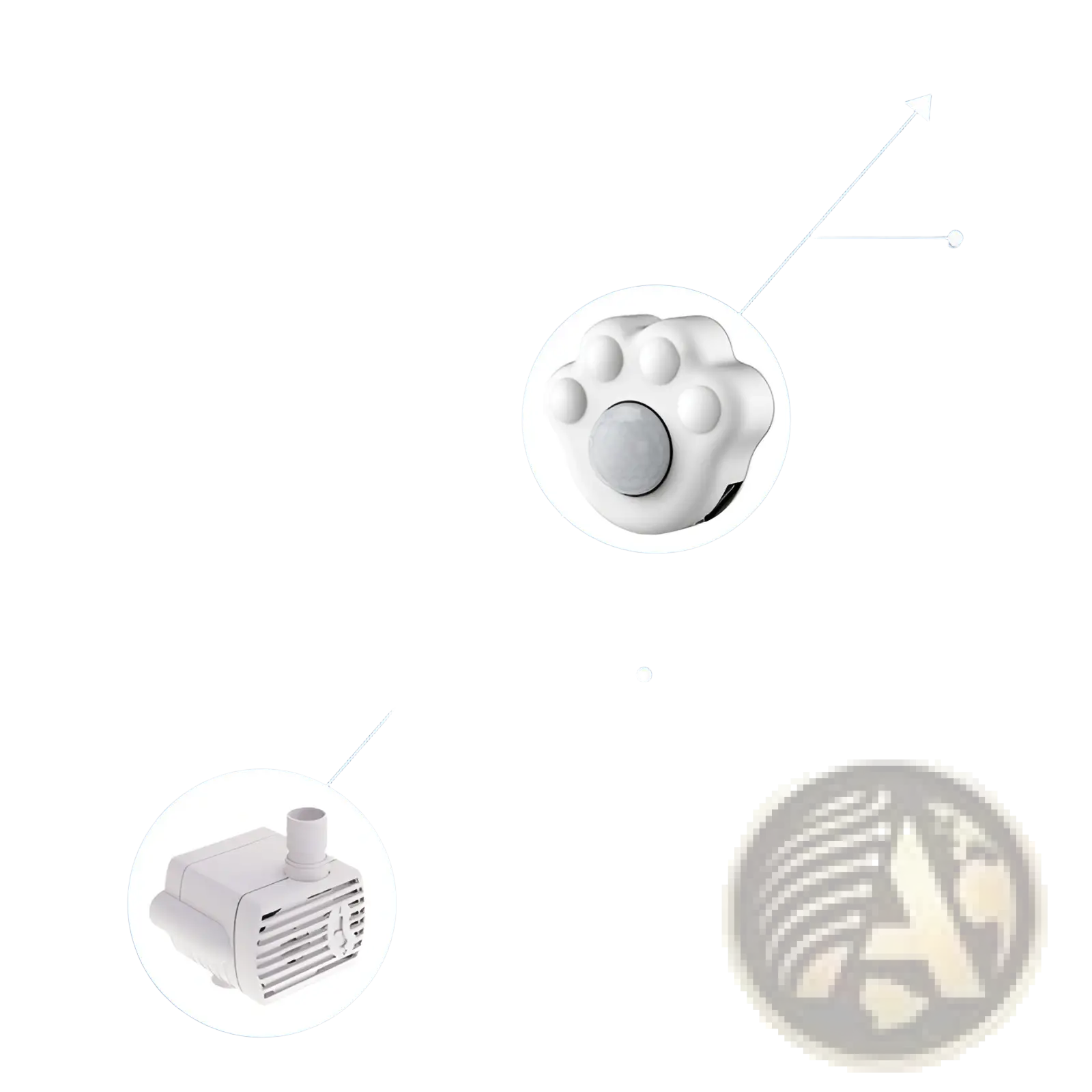 White plastic paw-shaped smart pet water dispenser with infrared sensor and central circular button textured surface