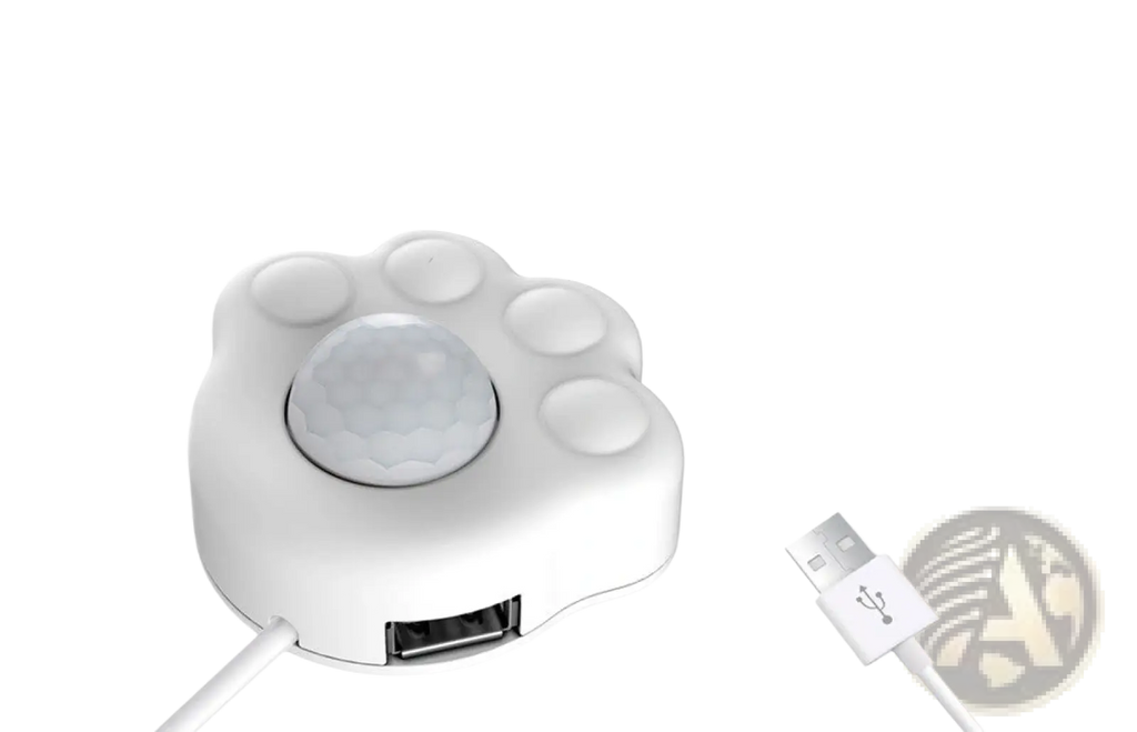 White paw-shaped smart pet water dispenser with infrared sensor and rounded pads for automatic charging