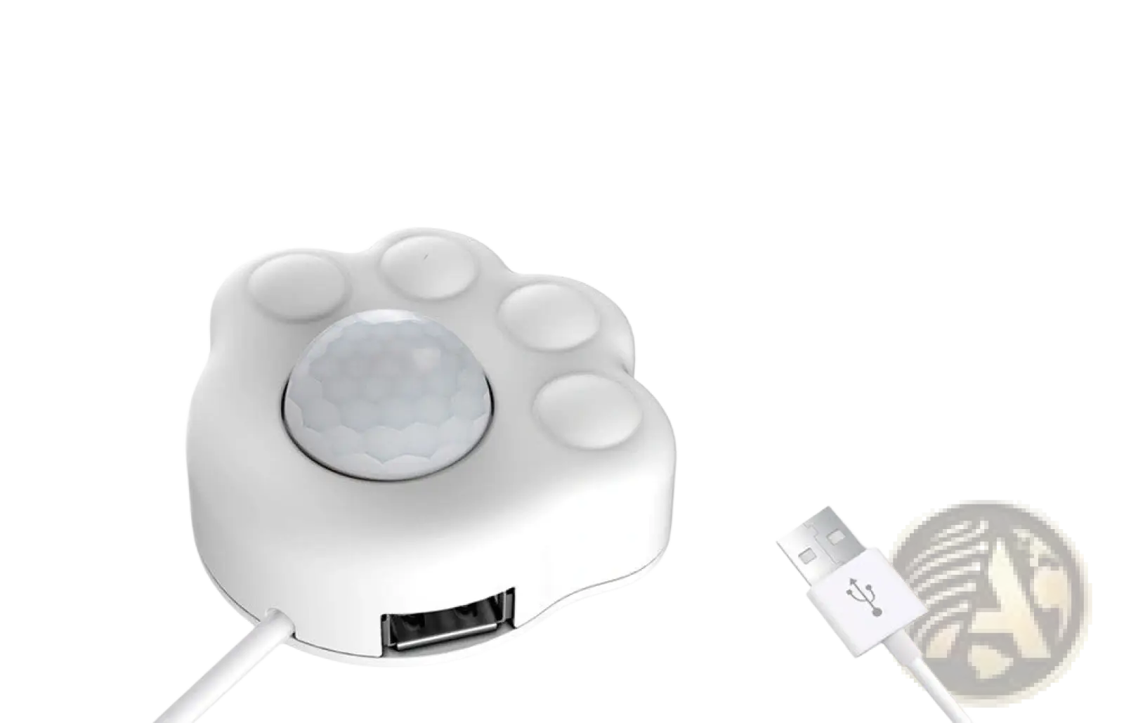 White paw-shaped smart pet water dispenser with infrared sensor and rounded pads for automatic charging