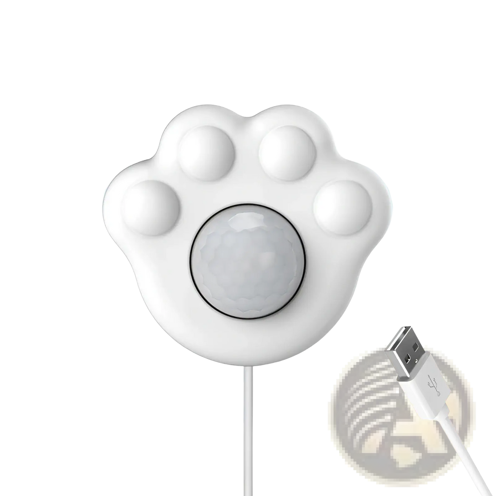 White paw-shaped usb charging pad with central infrared sensor and soft glow for smart pet water dispenser