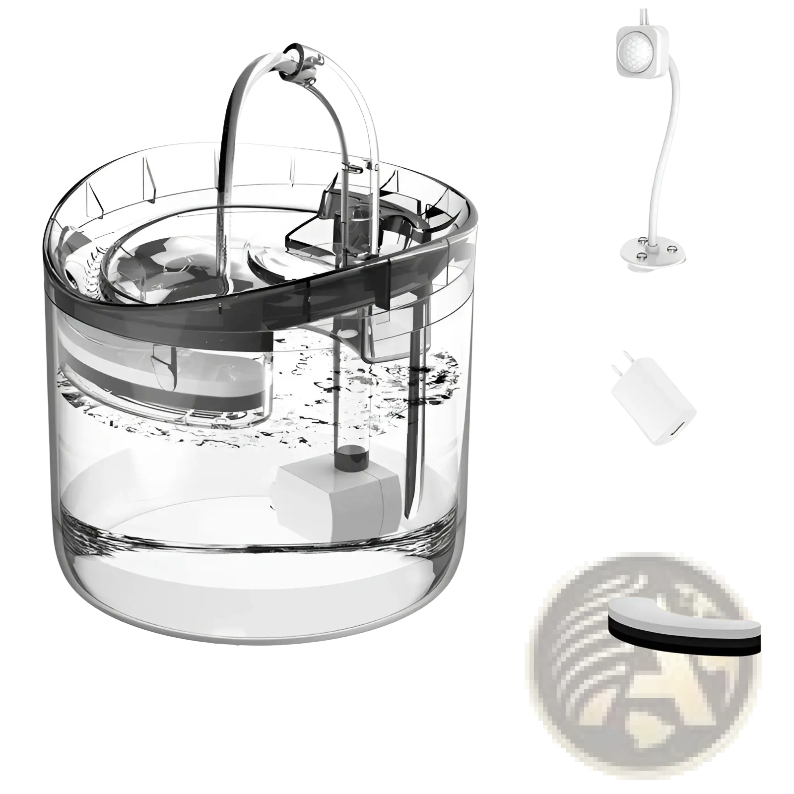 Clear plastic smart pet water fountain 1.8l with curved spout and internal filtration system for pets