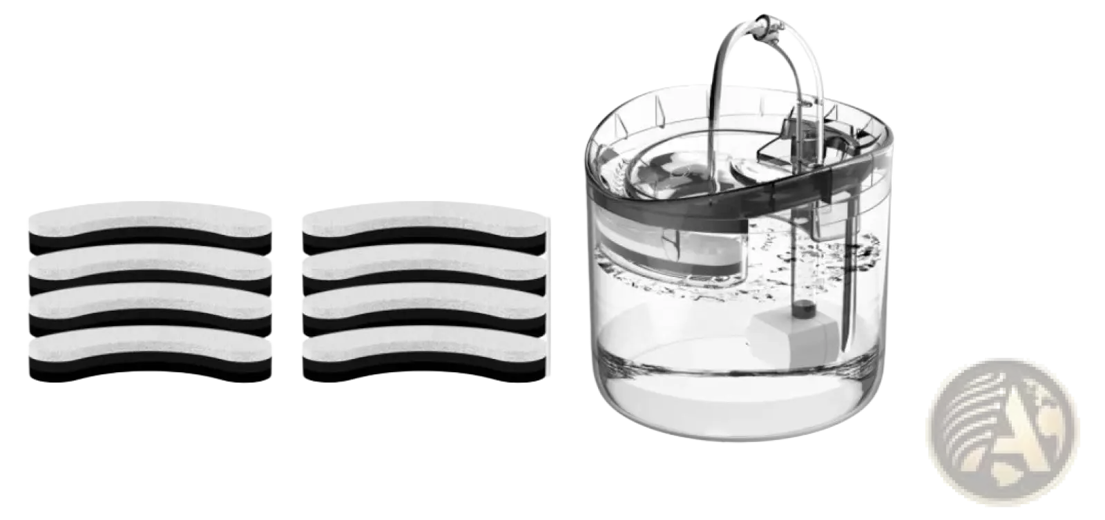 Smart pet water fountain 1.8l clear glass with black and silver accents featuring curved spout and internal filter