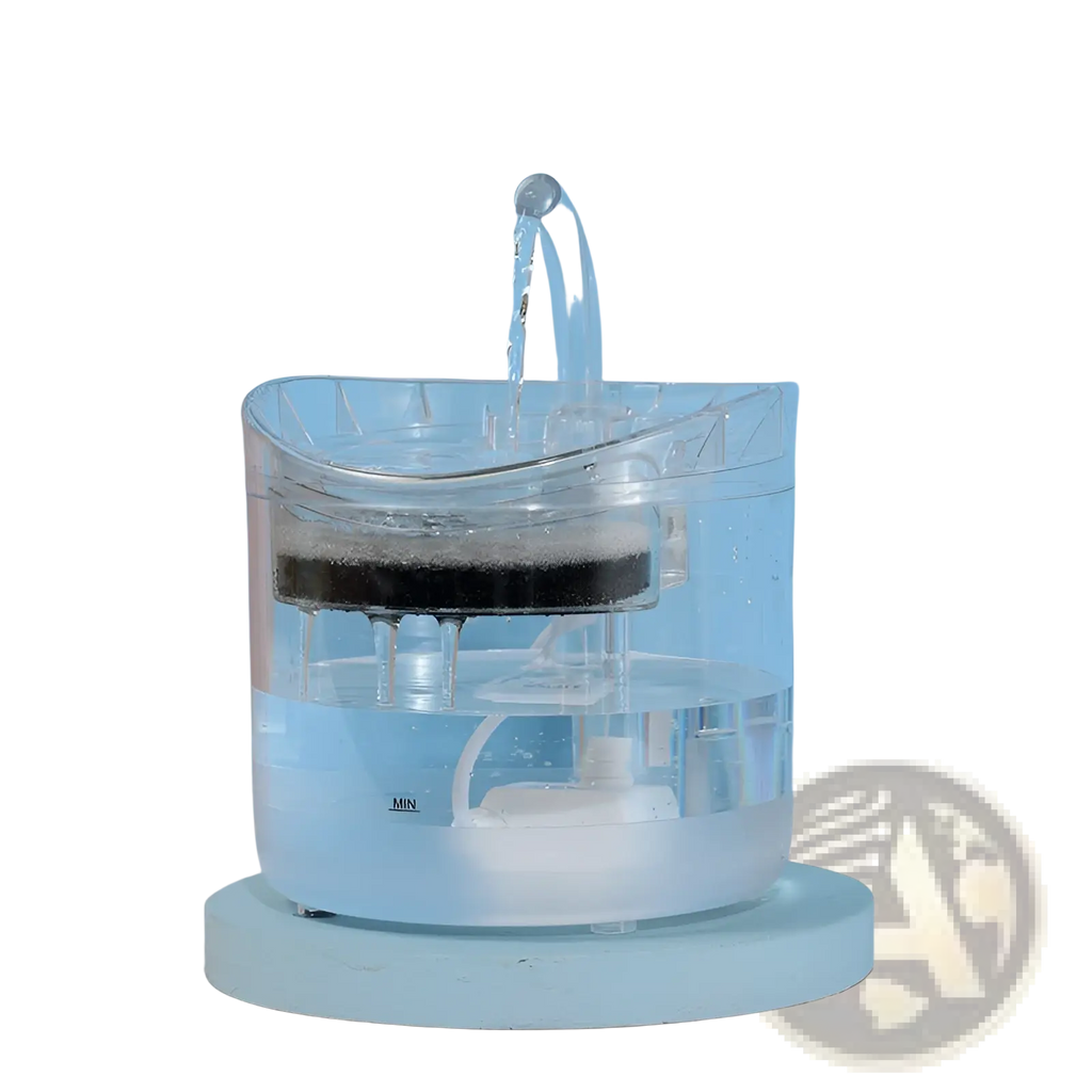 Smart pet water fountain 1.8l clear plastic with black filter layer and gentle water stream from the top