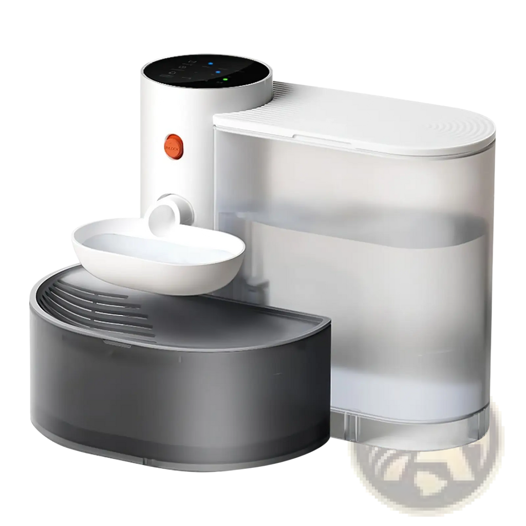 Smart pet water fountain 3l cordless rechargeable bowl in white and gray with digital display and transparent reservoir