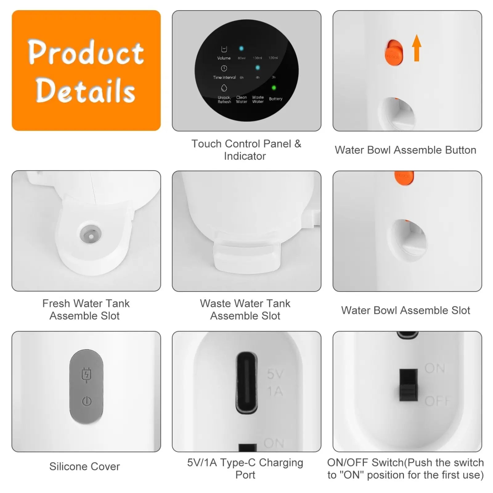 White plastic smart pet water fountain with touch control panel charging port and assembly slots visible from back side